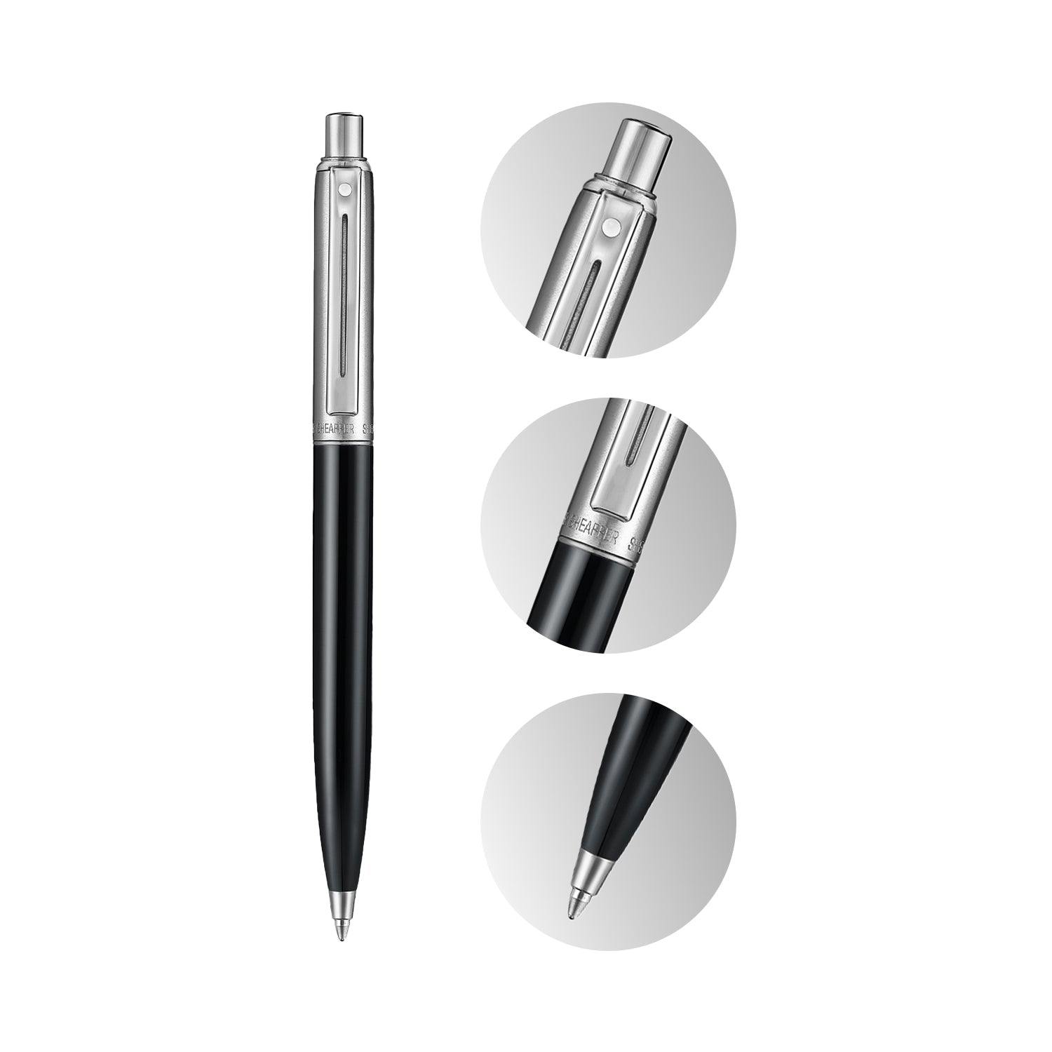 Sheaffer Sentinel Metal 332 Glossy Black Barrel and Brushed Chrome Ballpoint Pen with Chrome Trims.