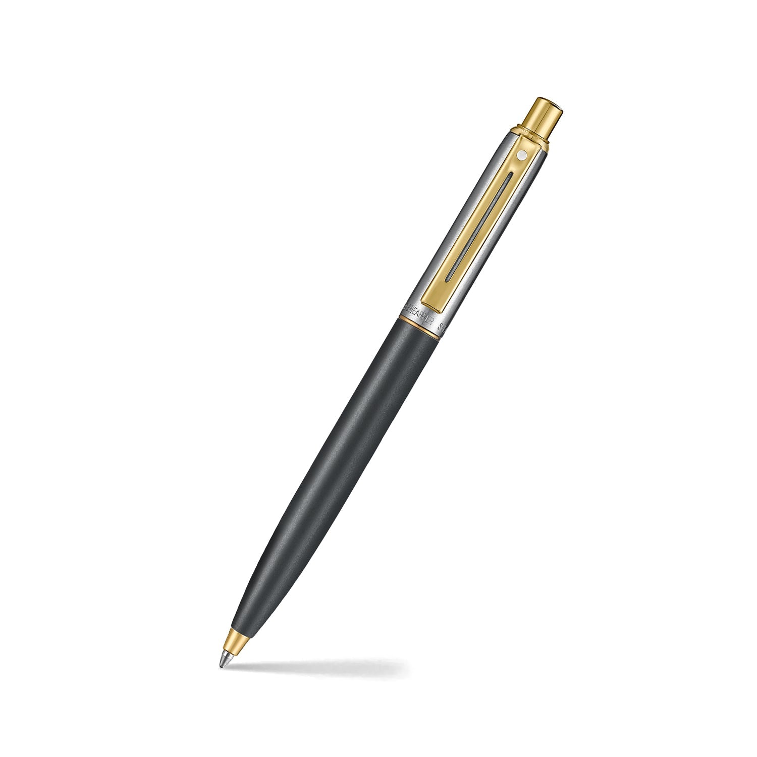 Sheaffer Sentinel Metal 334 Matte Black Barrel and Brushed Chrome Cap Ballpoint Pen with Gold Trims.