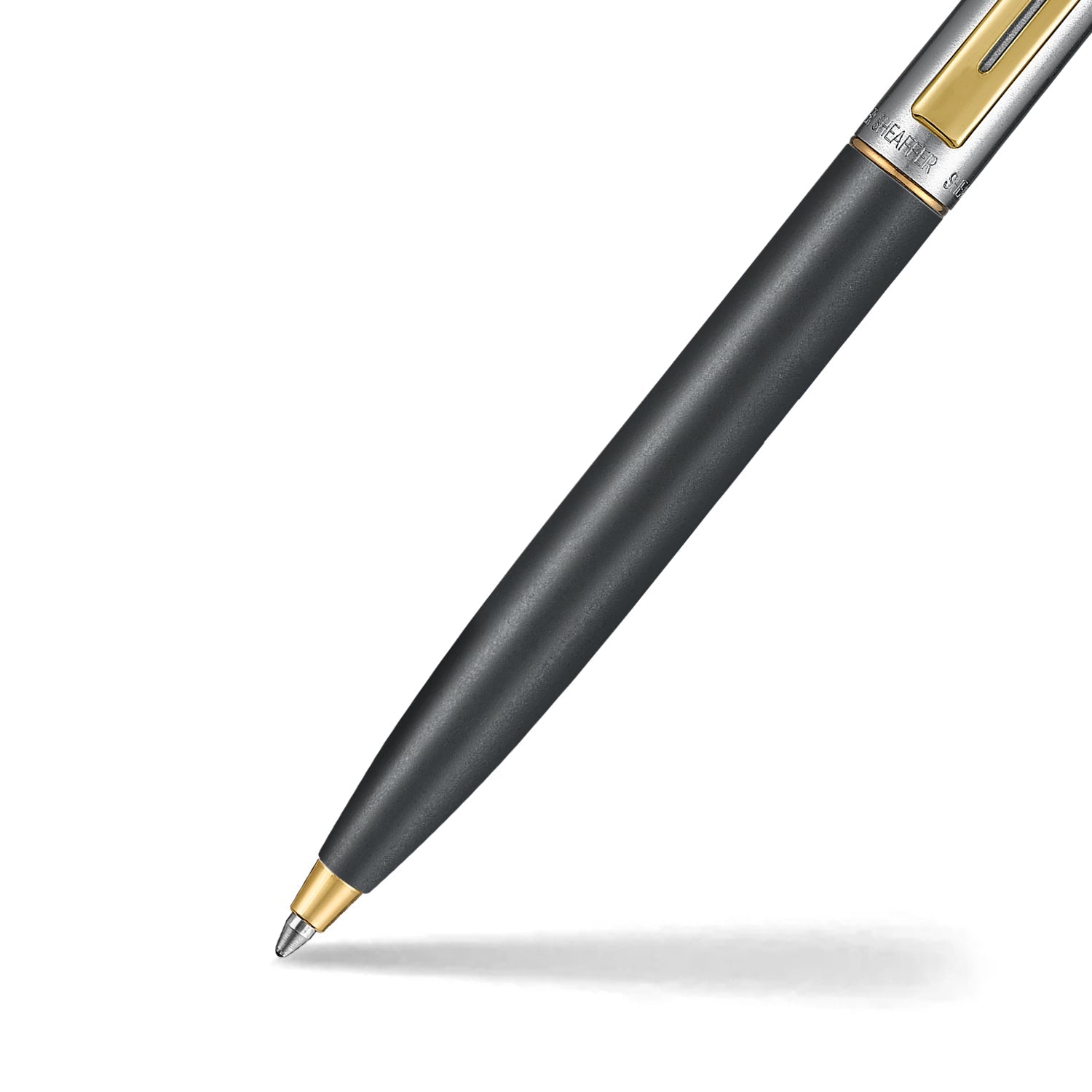 Sheaffer Sentinel Metal 334 Matte Black Barrel and Brushed Chrome Cap Ballpoint Pen with Gold Trims.