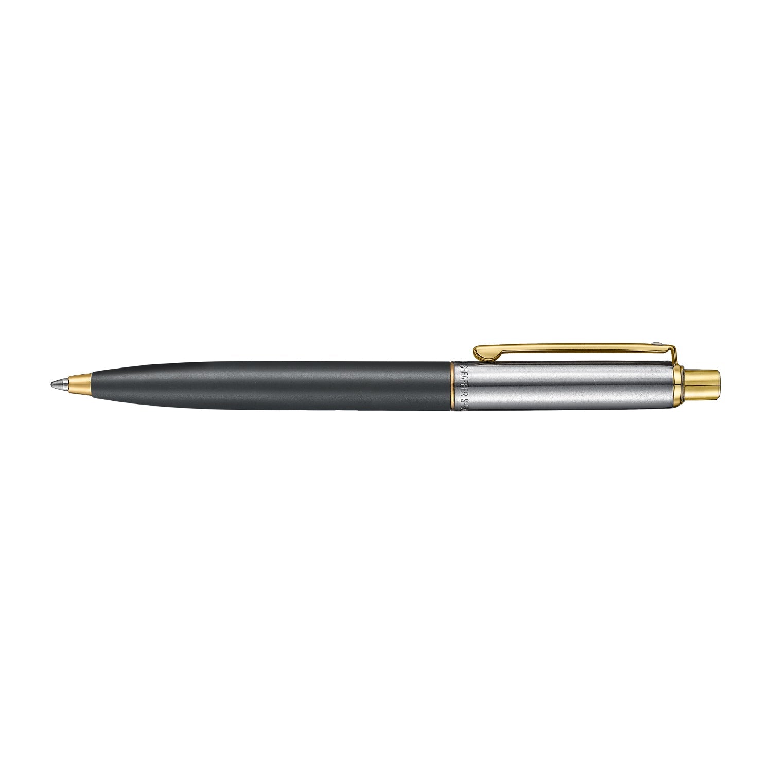 Sheaffer Sentinel Metal 334 Matte Black Barrel and Brushed Chrome Cap Ballpoint Pen with Gold Trims.