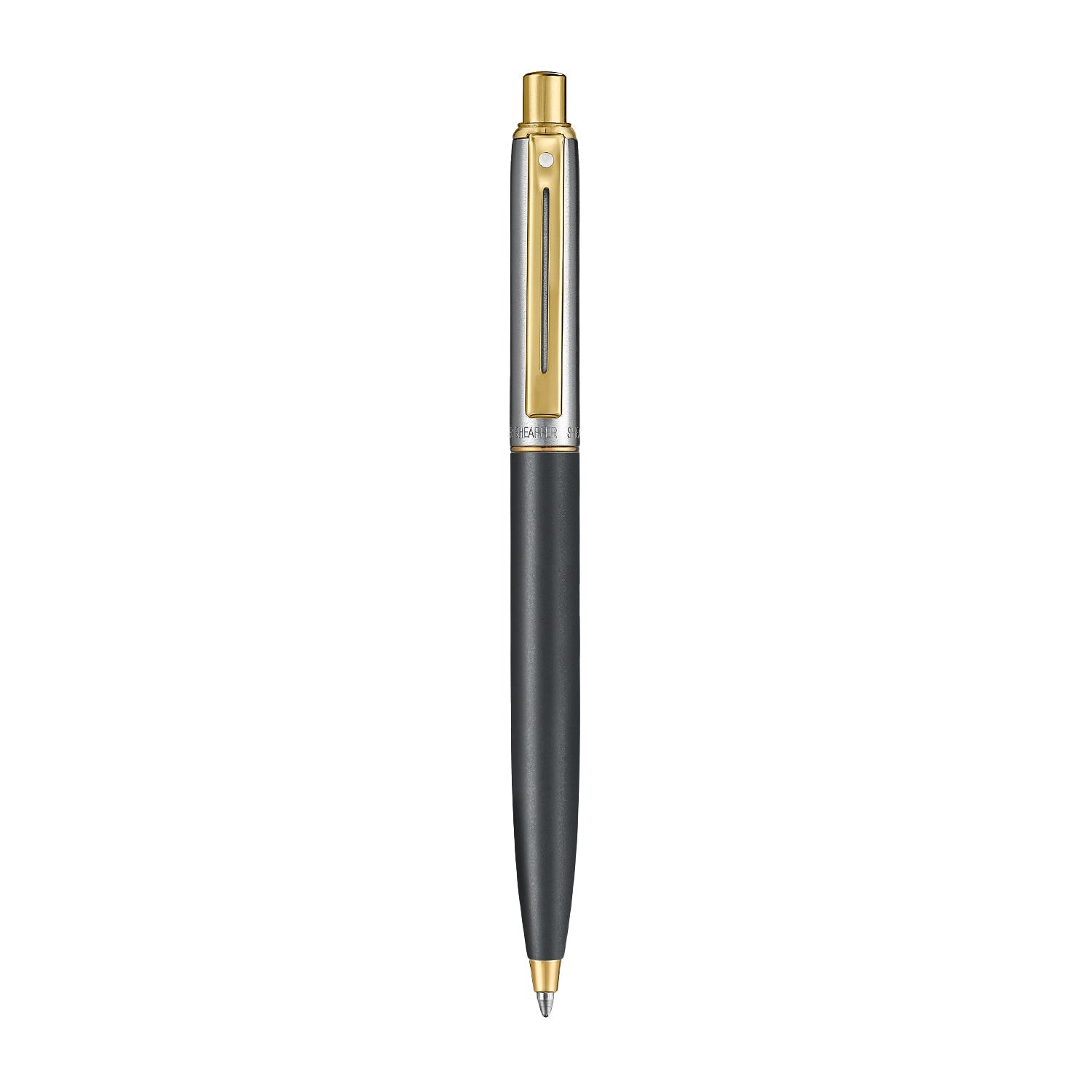 Sheaffer Sentinel Metal 334 Matte Black Barrel and Brushed Chrome Cap Ballpoint Pen with Gold Trims.