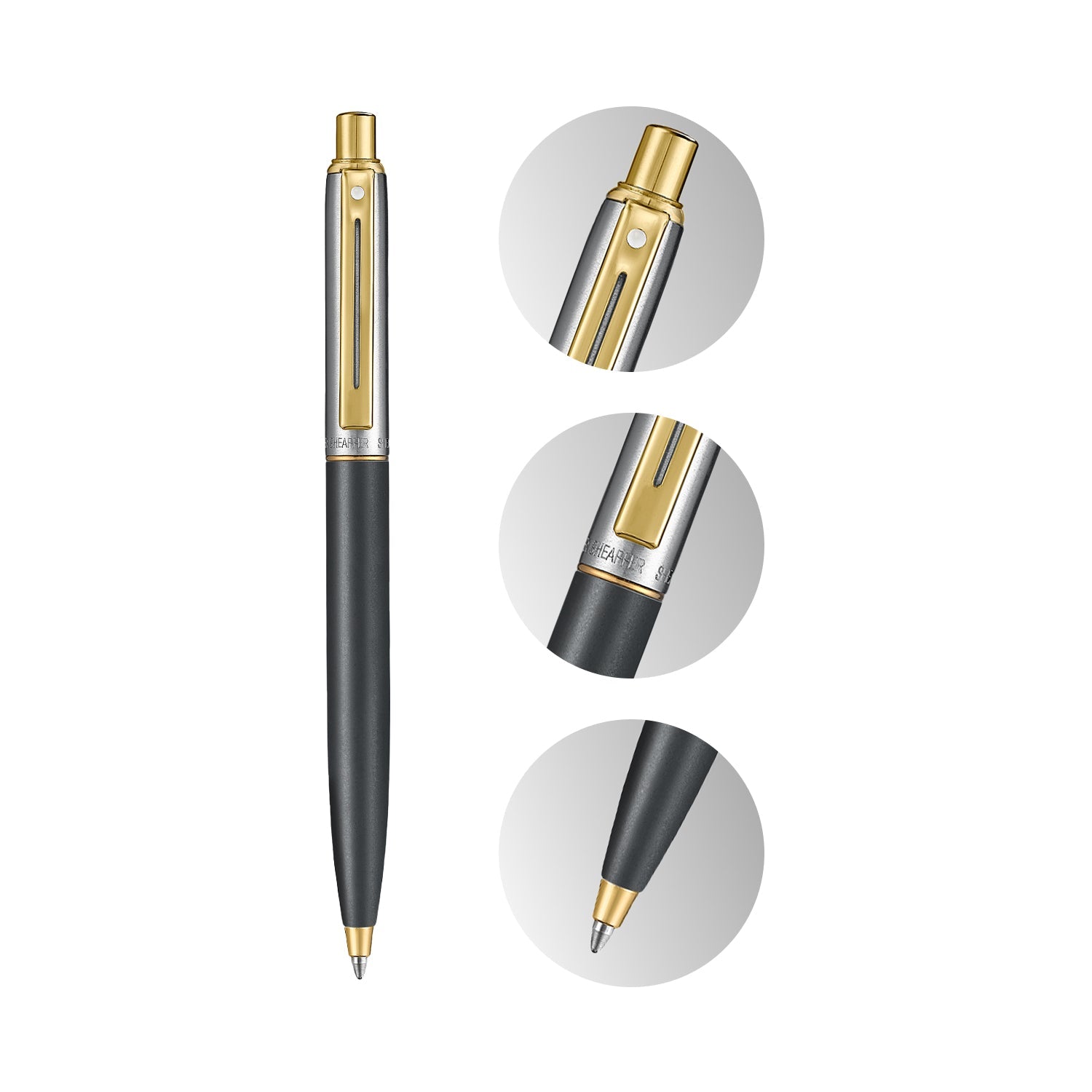 Sheaffer Sentinel Metal 334 Matte Black Barrel and Brushed Chrome Cap Ballpoint Pen with Gold Trims.