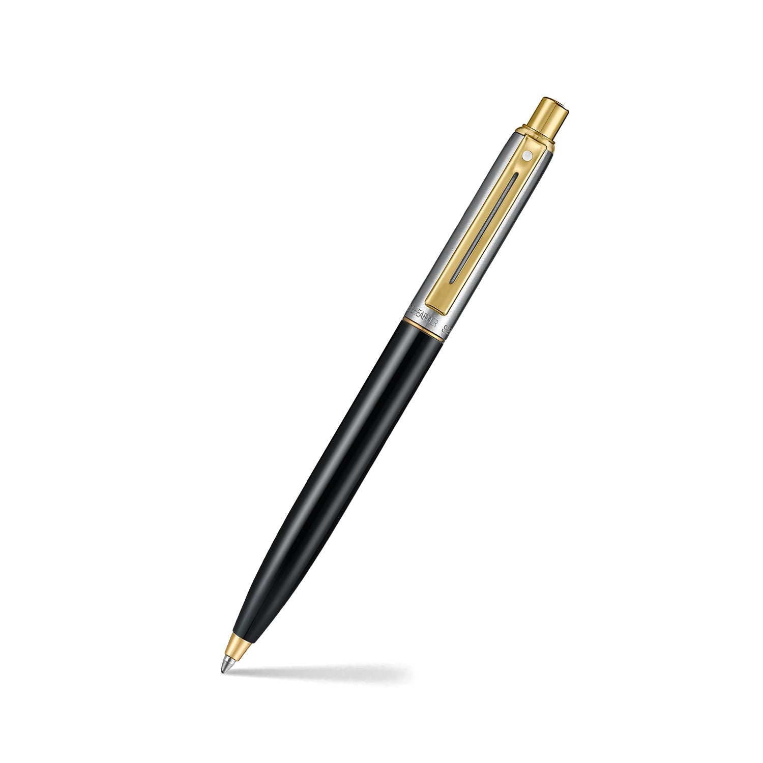 Sheaffer Sentinel Metal 335 Glossy Black Barrel and Brushed Chrome Ballpoint Pen with Gold Trims.