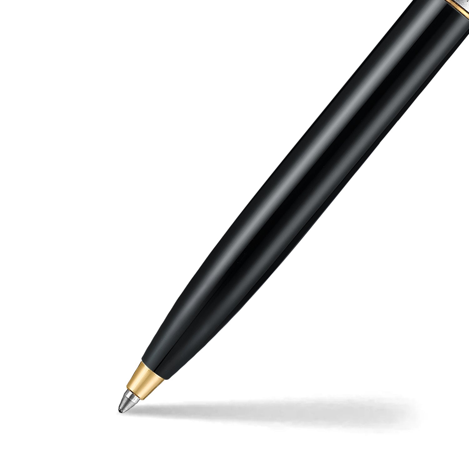 Sheaffer Sentinel Metal 335 Glossy Black Barrel and Brushed Chrome Ballpoint Pen with Gold Trims.