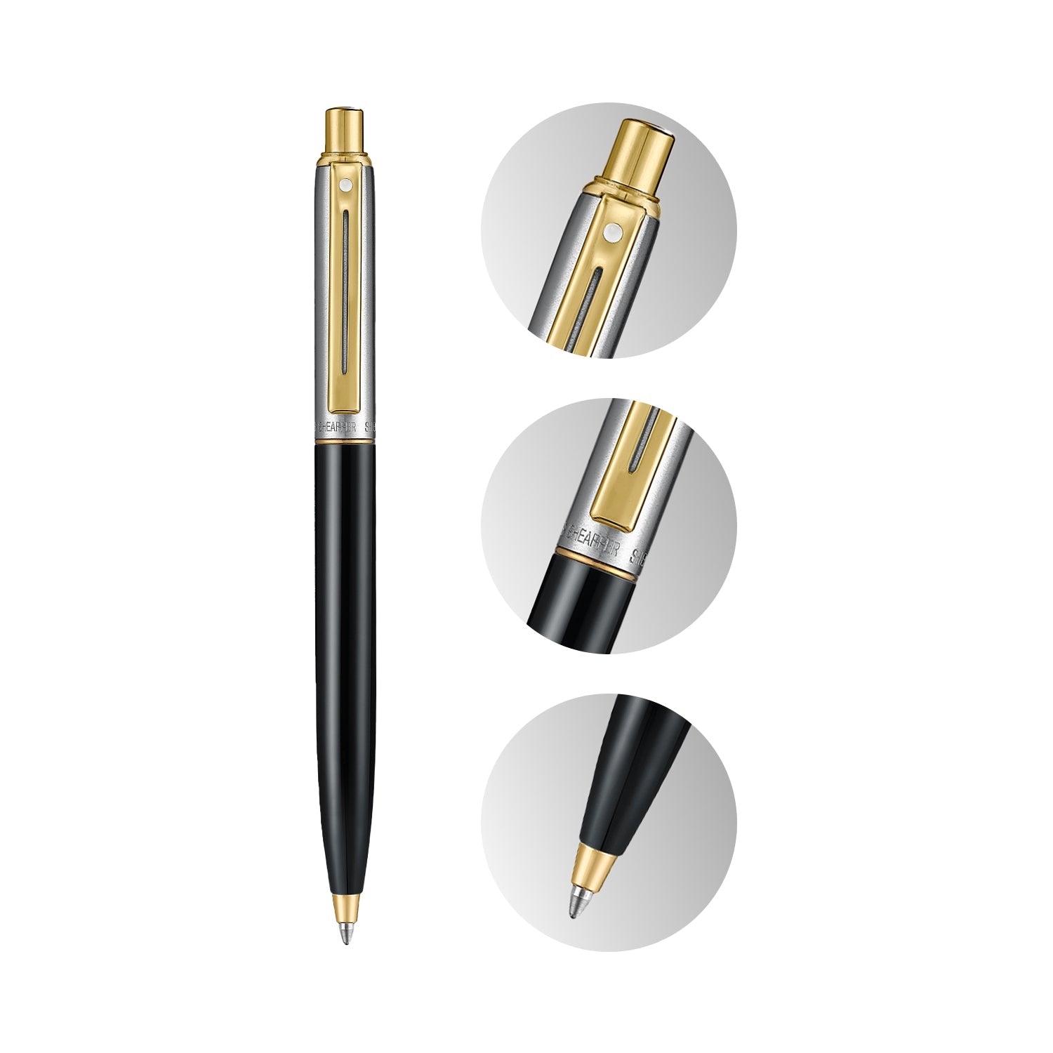 Sheaffer Sentinel Metal 335 Glossy Black Barrel and Brushed Chrome Ballpoint Pen with Gold Trims.