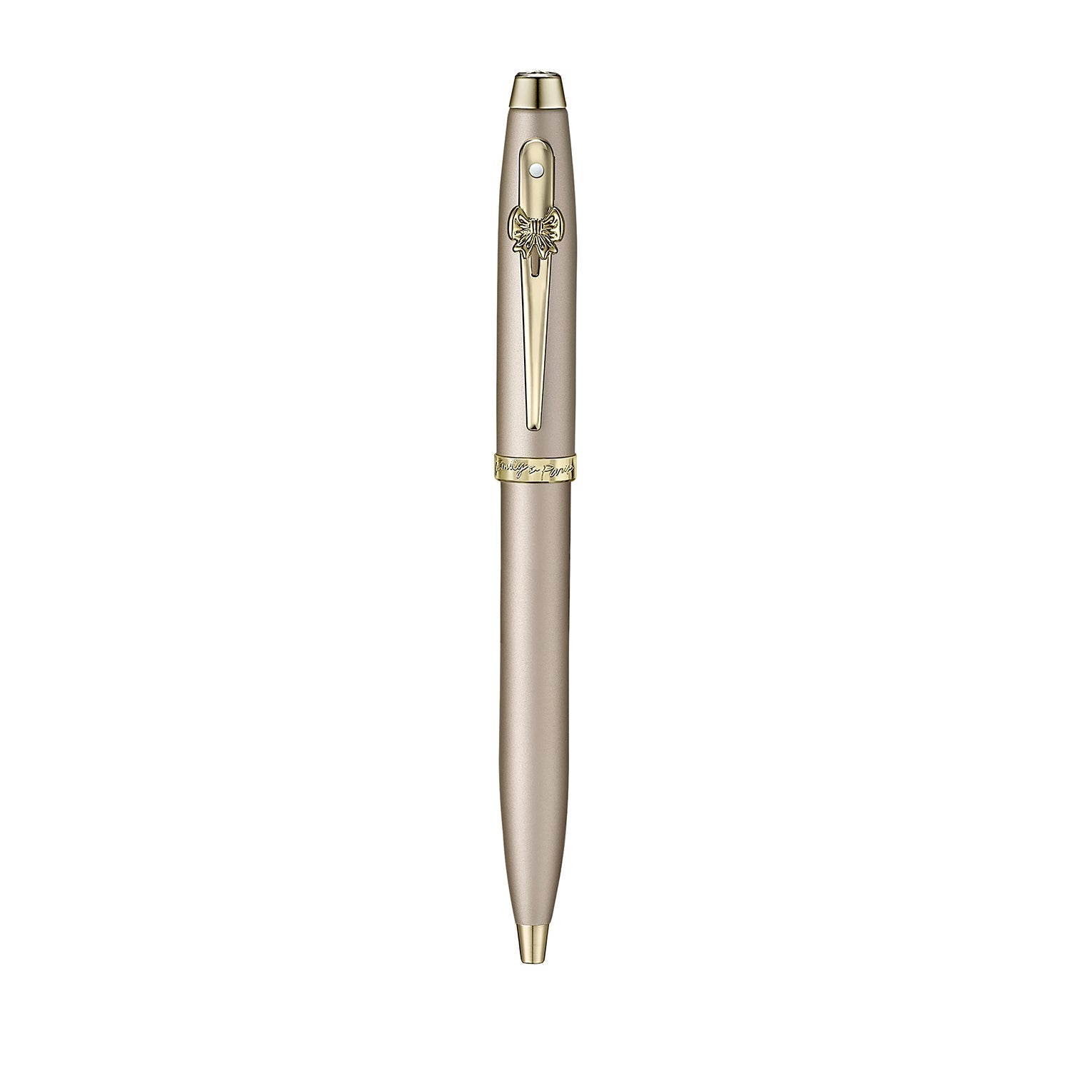 Sheaffer 100 Emily in Paris 9377 Champagne Gold Ballpoint Pen with Champagne Gold Trims and Bow-Shaped Clip Emblem.