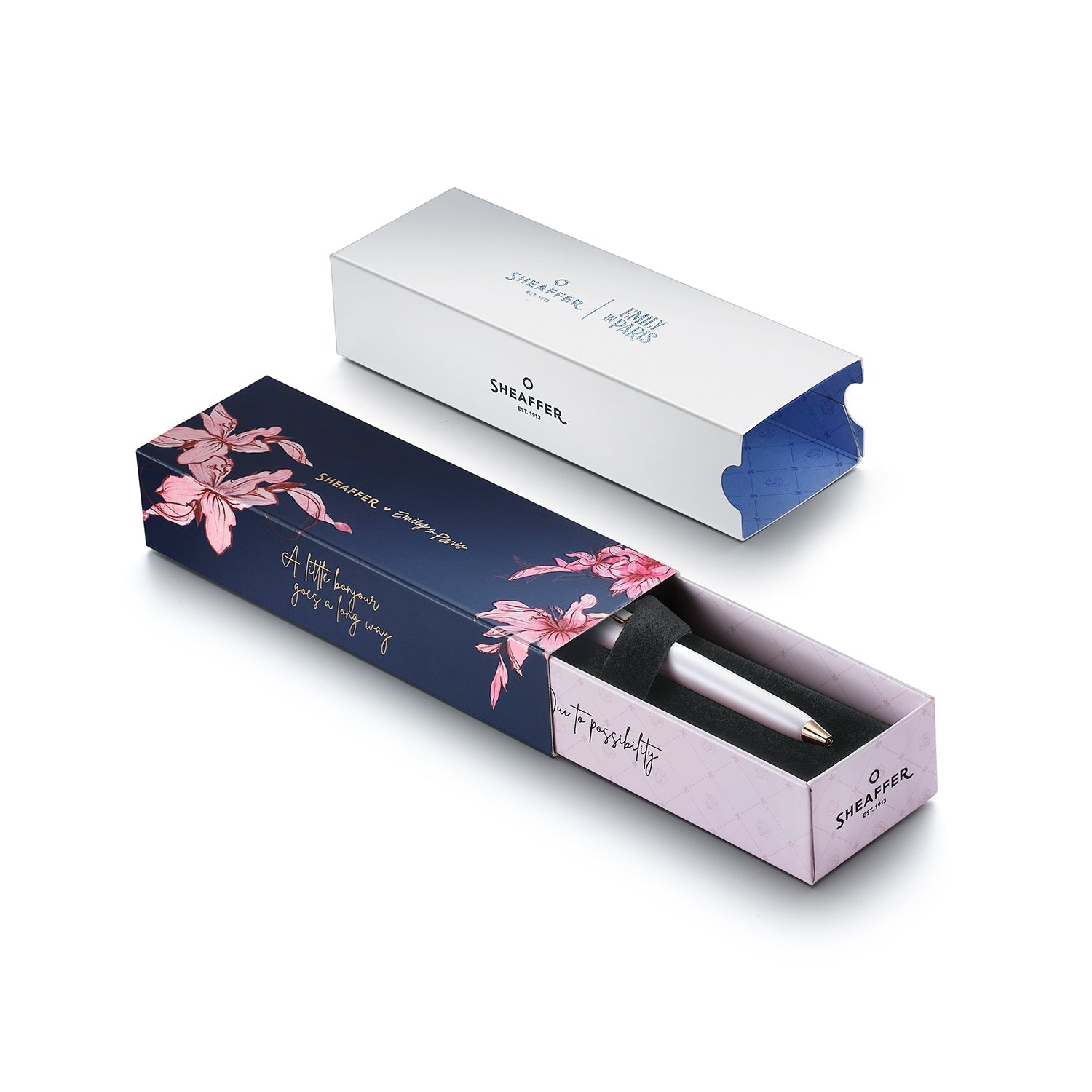 Sheaffer Emily in Paris Prelude Mini 9810 Pastel Pink Ballpoint Pen and PVD Rose Gold Trims with Heart Emblem and Swarovski Crystal.