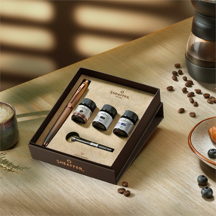 Sheaffer Gift Set ft. Coffee Edition 100 9374 Fountain Pen with Regal Brown PVD Trims and 3 x 10ml Ink Bottles.