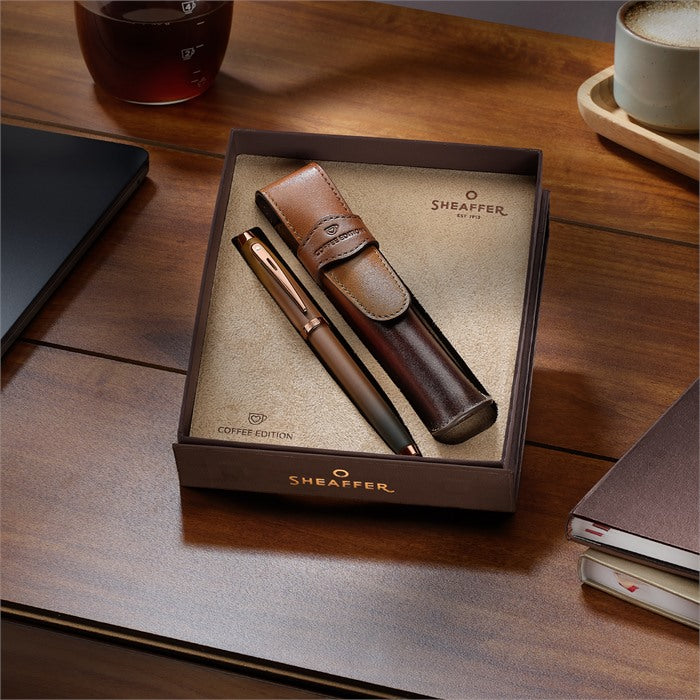 Sheaffer Gift Set ft. Coffee Edition 100 9374 Fountain Pen with Regal Brown PVD Trims and Coffee Edition Pen Pouch.