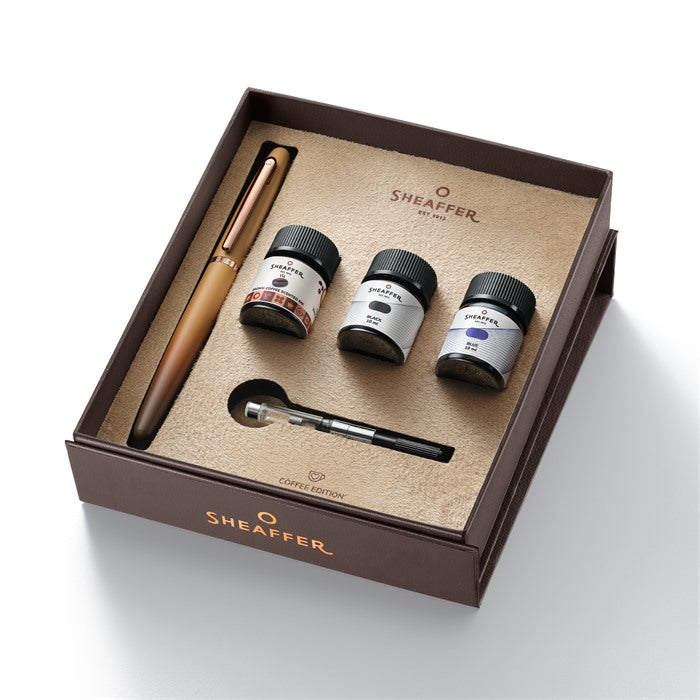 Sheaffer Gift Set ft. Coffee Edition VFM 9428 Fountain Pen with Regal Brown PVD Trims and 3 x 10ml Ink Bottles.