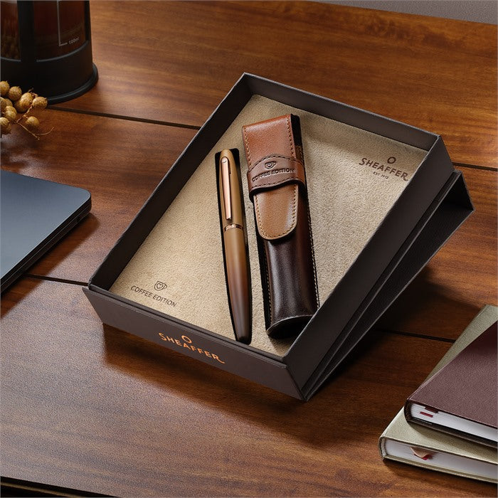 Sheaffer Gift Set ft. Coffee Edition VFM 9428 Fountain Pen with Regal Brown PVD Trims and Coffee Edition Pen Pouch.