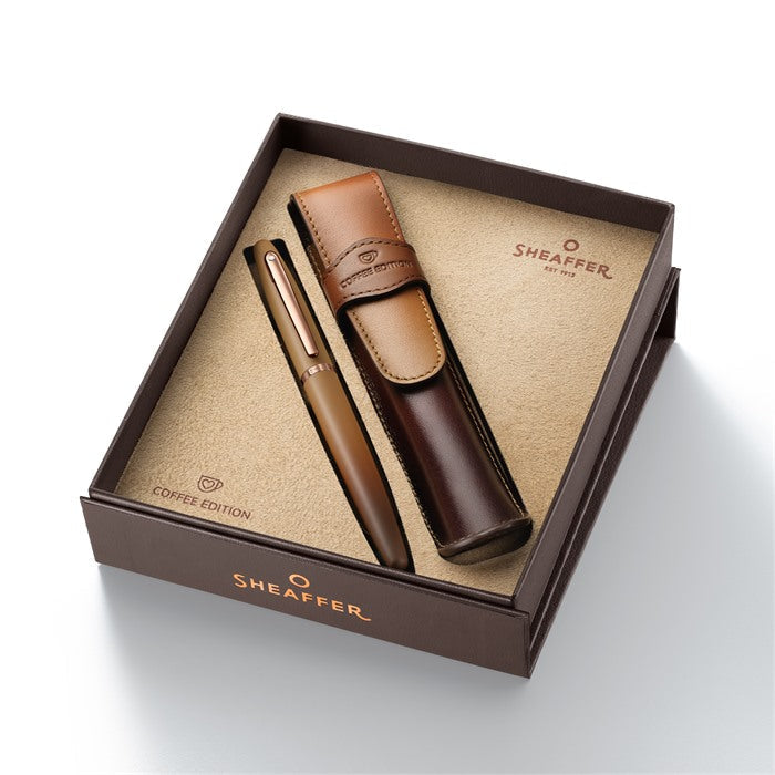 Sheaffer Gift Set ft. Coffee Edition VFM 9428 Rollerball Pen with Regal Brown PVD Trims and Coffee Edition Pen Pouch.