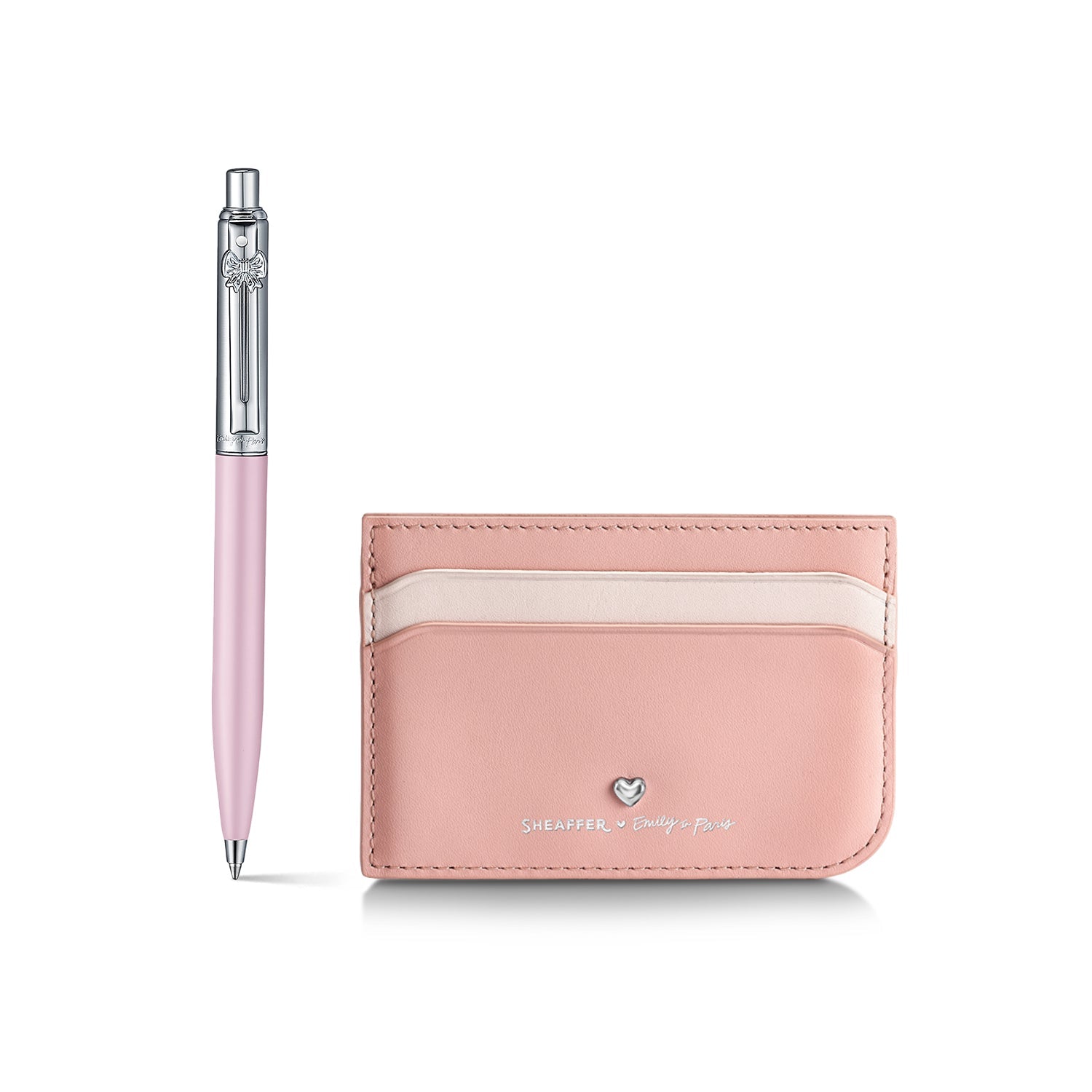 Sheaffer Gift Set ft. Emily in Paris Sentinel 321 Pink Matte Finish Ballpoint Pen with Chrome Trims and Full-Grain Leather Credit Card Holder.