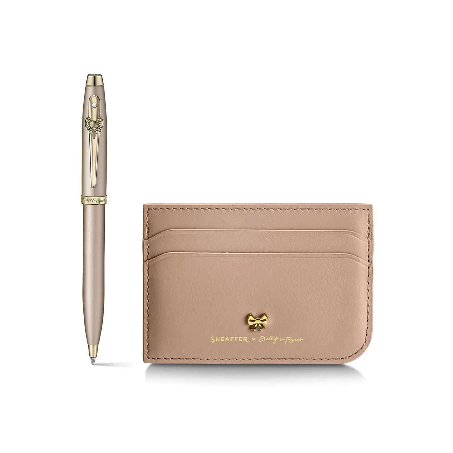 Sheaffer Gift Set ft. 100 Emily in Paris 9377 Champagne Gold Ballpoint Pen with Champagne Gold Trims and Full-Grain Credit Card Holder.