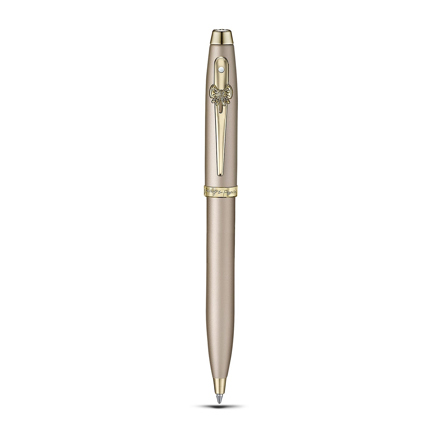 Sheaffer Gift Set ft. 100 Emily in Paris 9377 Champagne Gold Ballpoint Pen with Champagne Gold Trims and Full-Grain Credit Card Holder.