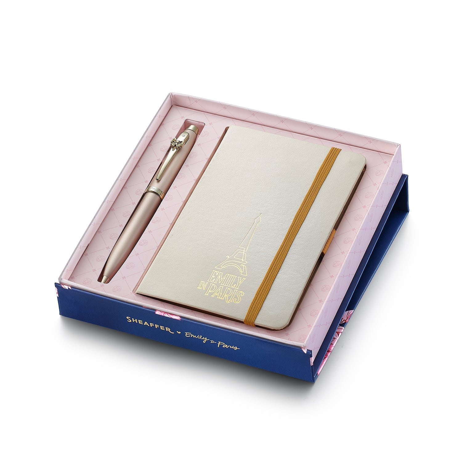 Sheaffer Gift Set ft. 100 Emily in Paris 9377 Champagne Gold Ballpoint Pen with Champagne Gold Trims and Hardbound Small Notebook.