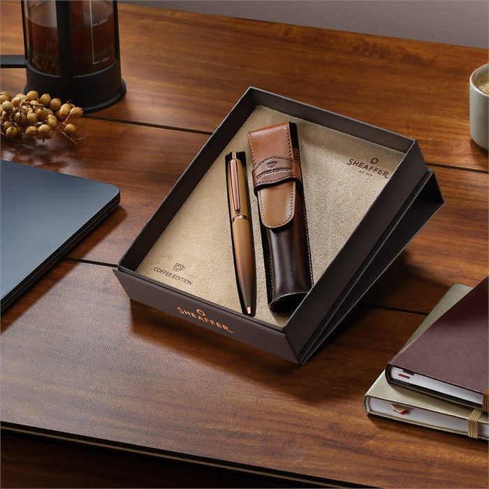 Sheaffer Gift Set ft. Coffee Edition VFM 9428 Ballpoint Pen with Regal Brown PVD Trims and Coffee Edition Pen Pouch.