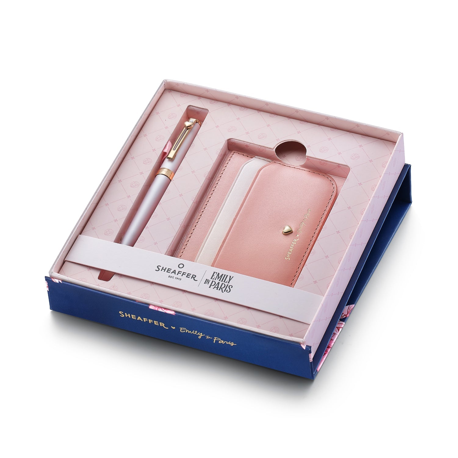Sheaffer Gift Set ft - Emily in Paris Prelude Mini 9810 Pastel Pink Ballpoint Pen with Swarovski Crystal and Full-Grain Leather Credit Card Holder.