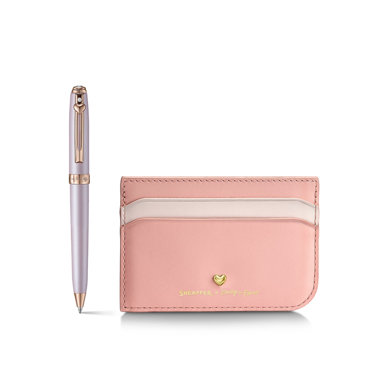 Sheaffer Gift Set ft - Emily in Paris Prelude Mini 9810 Pastel Pink Ballpoint Pen with Swarovski Crystal and Full-Grain Leather Credit Card Holder.
