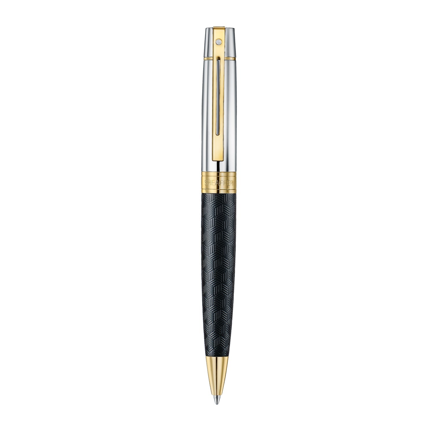 Sheaffer 300 9347 Engraved Black Ballpoint Pen with Chrome Cap and Gold Trims.