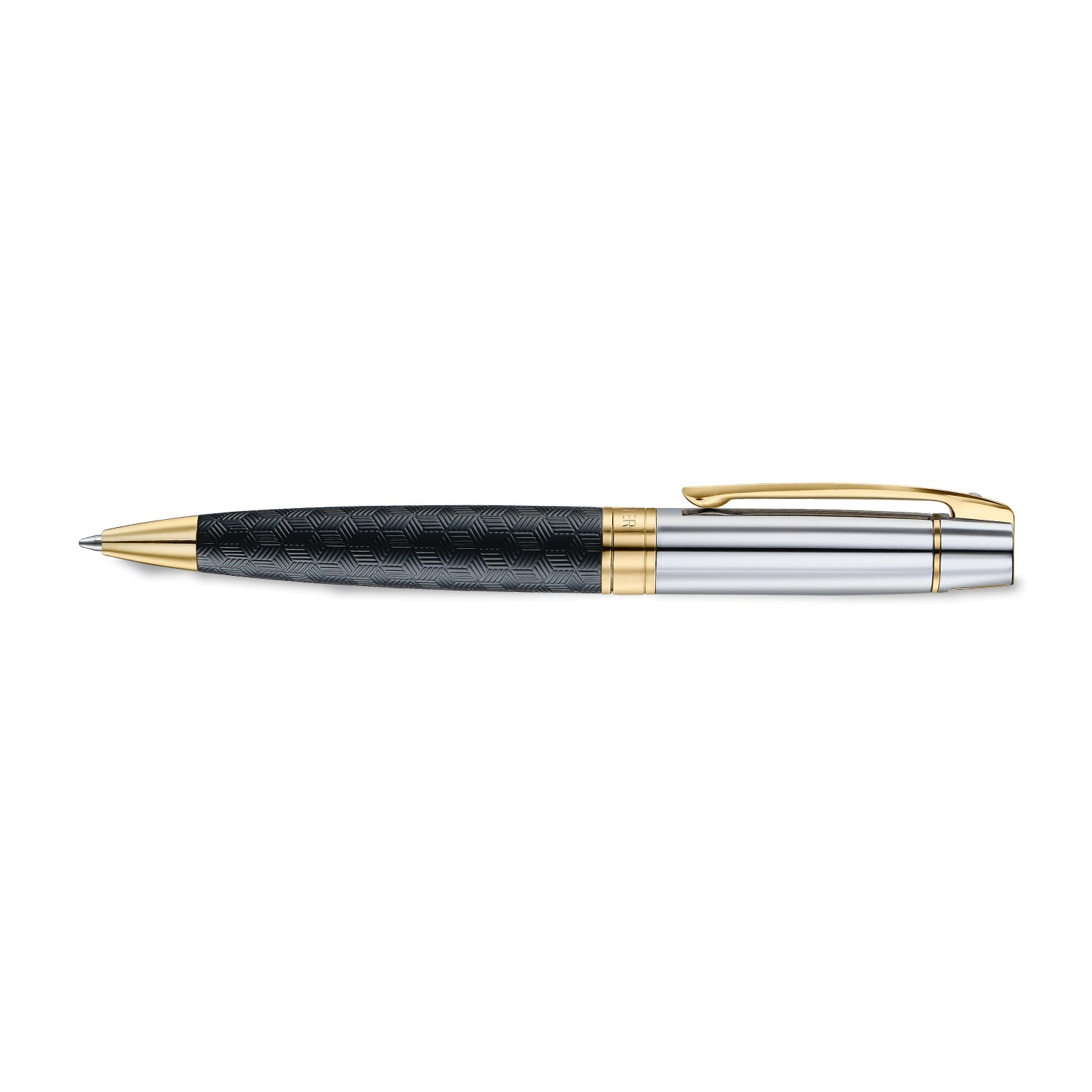 Sheaffer 300 9347 Engraved Black Ballpoint Pen with Chrome Cap and Gold Trims.