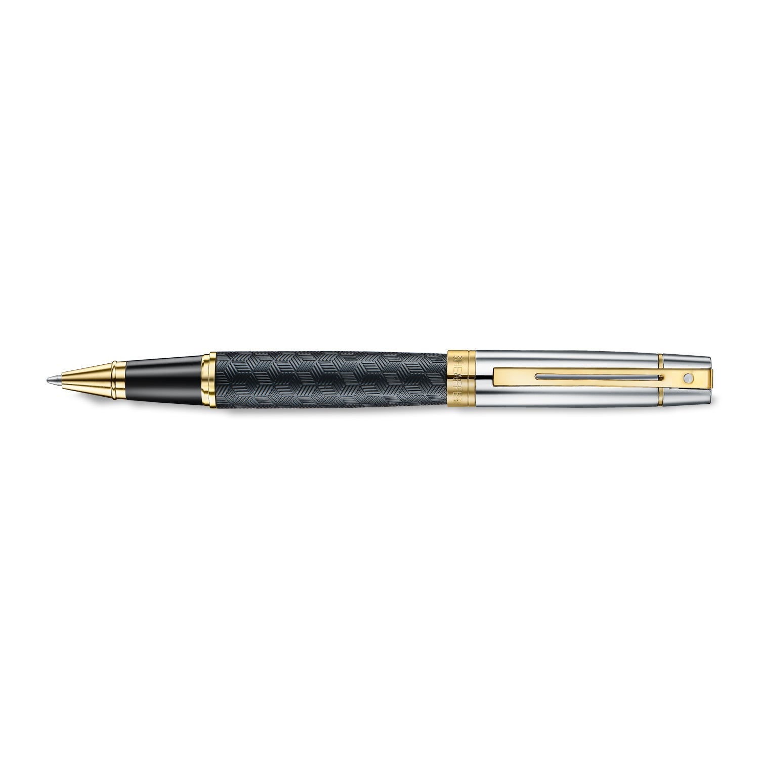 Sheaffer 300 9347 Engraved Black Rollerball Pen with Chrome Cap and Gold Trims.