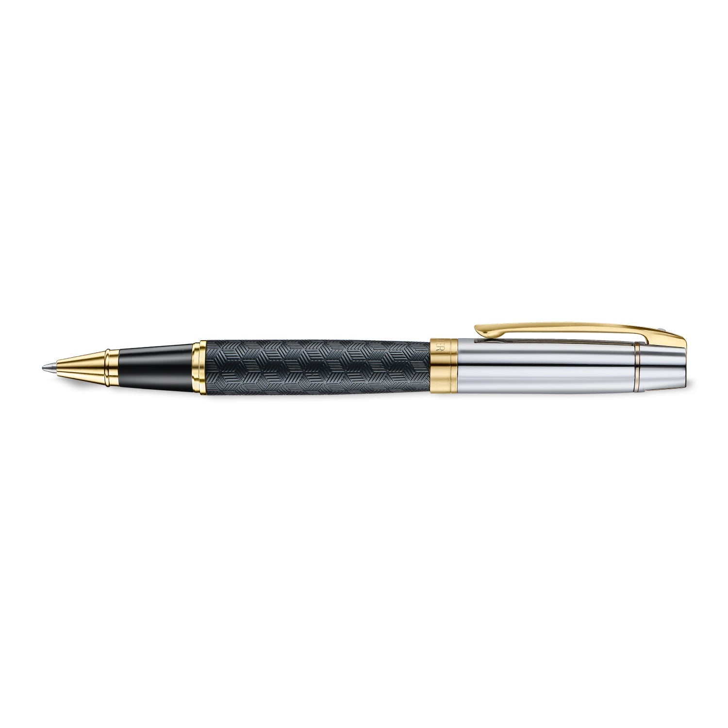 Sheaffer 300 9347 Engraved Black Rollerball Pen with Chrome Cap and Gold Trims.