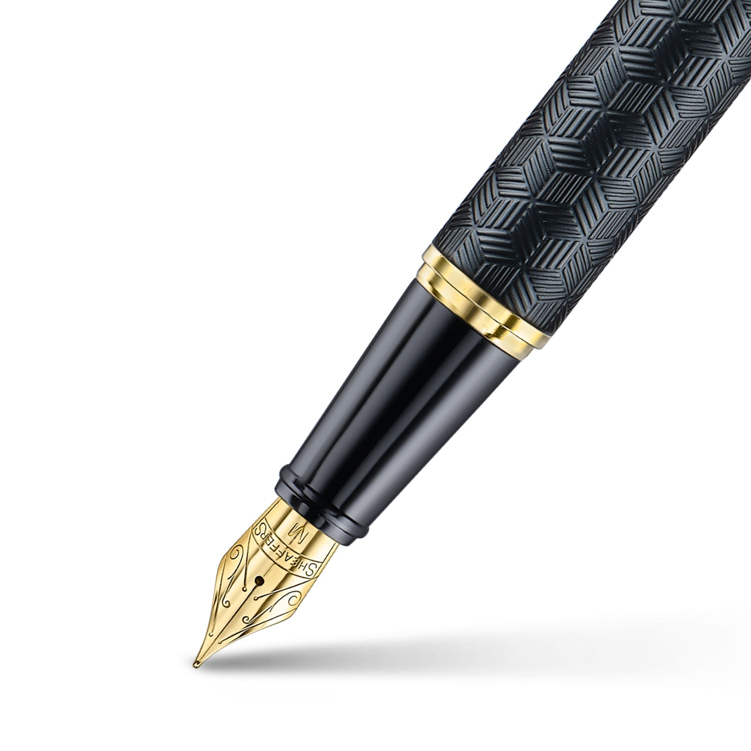 Sheaffer 300 9347 Engraved Black Fountain Pen with Chrome Cap and Gold Trims.