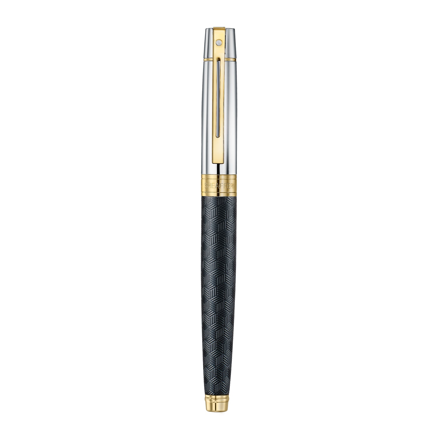 Sheaffer 300 9347 Engraved Black Fountain Pen with Chrome Cap and Gold Trims.