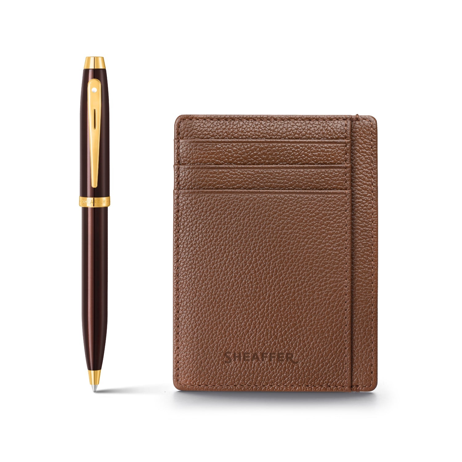 Sheaffer Gift Set ft. Glossy Brown 100 9370 Ballpoint Pen with Gold Trims and Rustic Mocha Credit Card Holder.