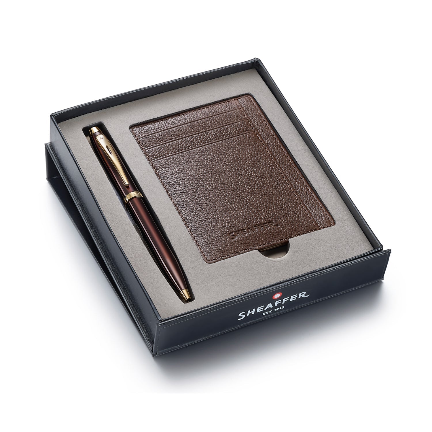 Sheaffer Gift Set ft. Glossy Brown 100 9370 Ballpoint Pen with Gold Trims and Rustic Mocha Credit Card Holder.