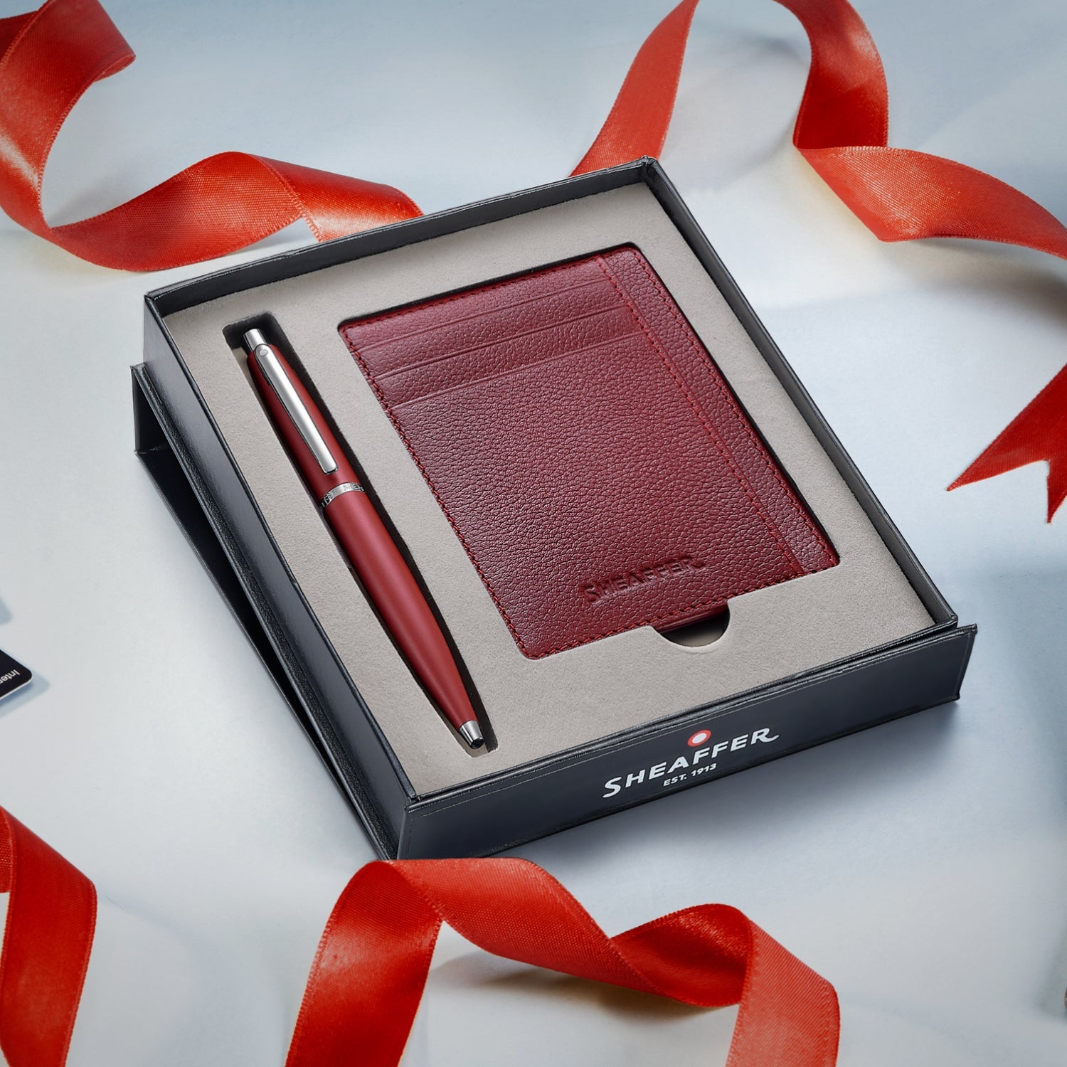 Sheaffer Gift Set ft. Excessive Red VFM 9403 Ballpoint Pen with Chrome Trims and Scarlet Blaze Credit Card Holder.