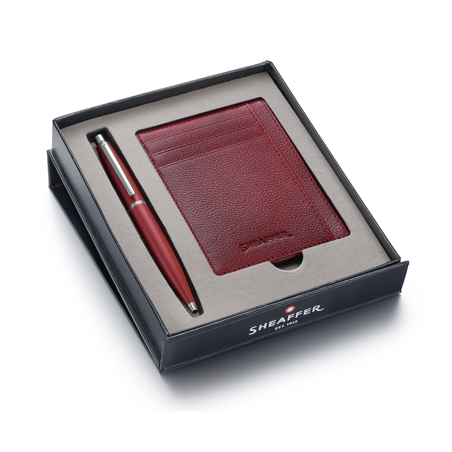 Sheaffer Gift Set ft. Excessive Red VFM 9403 Ballpoint Pen with Chrome Trims and Scarlet Blaze Credit Card Holder.