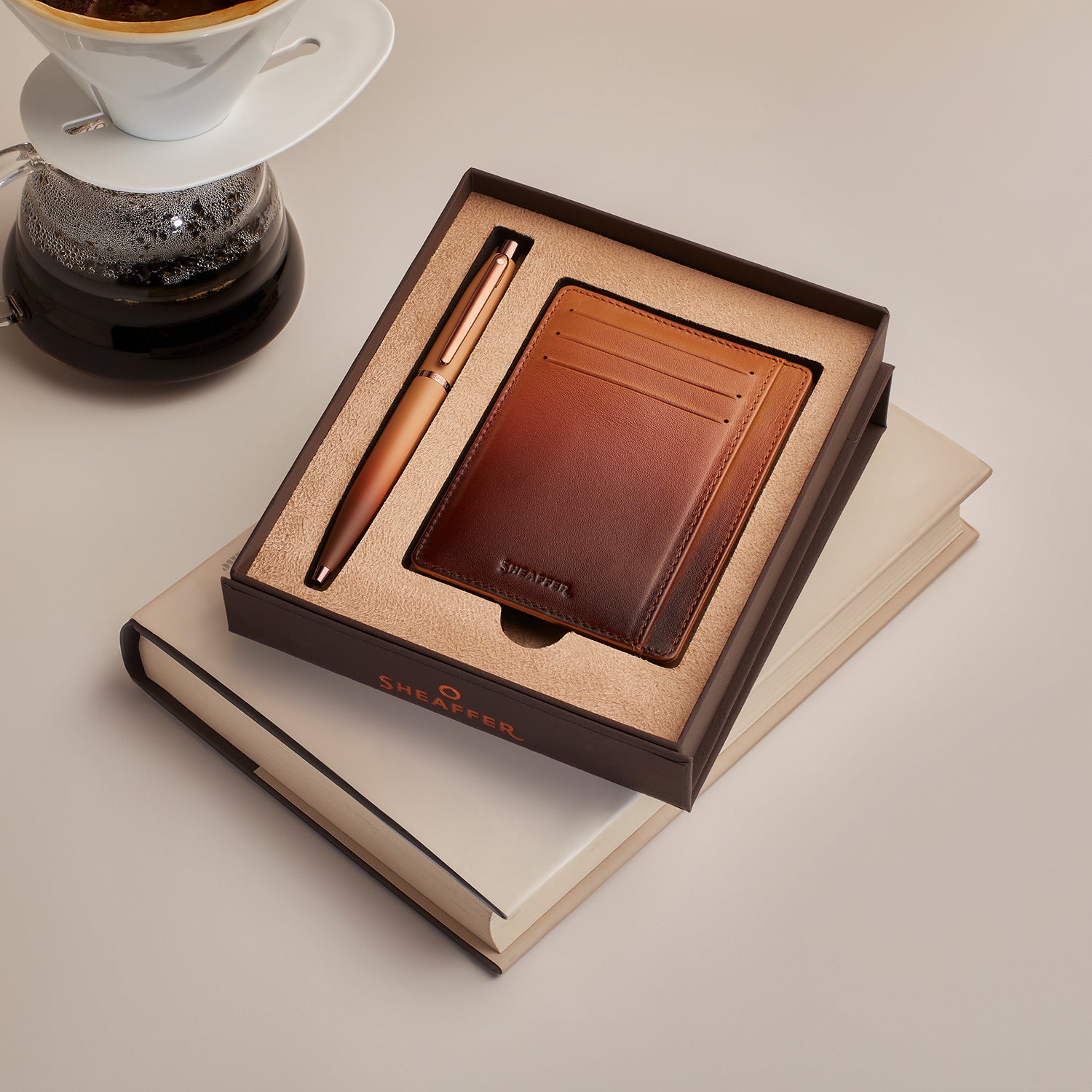 Sheaffer Gift Set ft. Coffee Edition VFM Ballpoint Pen with Regal Brown PVD Trims and Credit Card Holder.