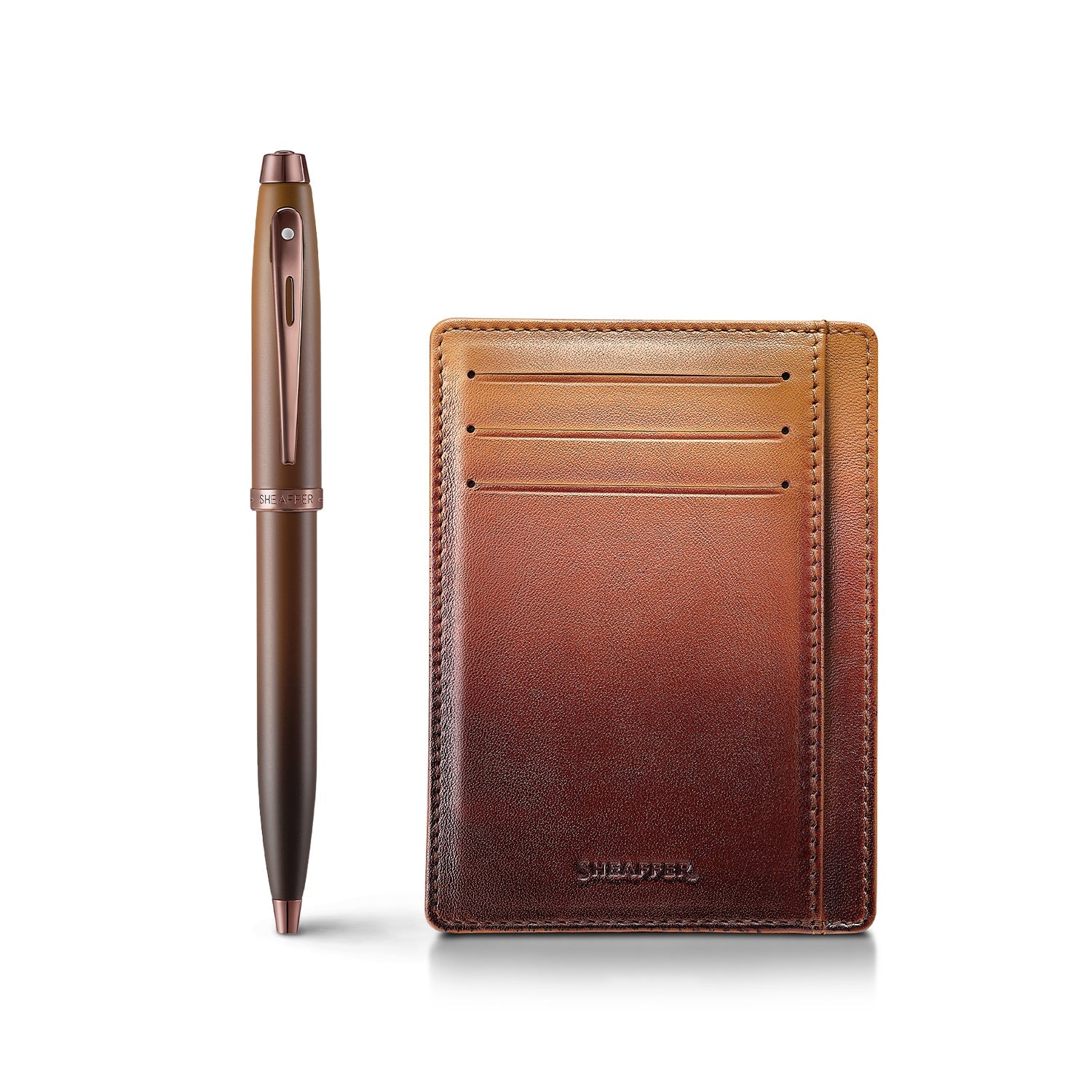Sheaffer Gift Set ft. Coffee Edition 100 Ballpoint Pen with Regal Brown PVD Trims and Credit Card Holder.