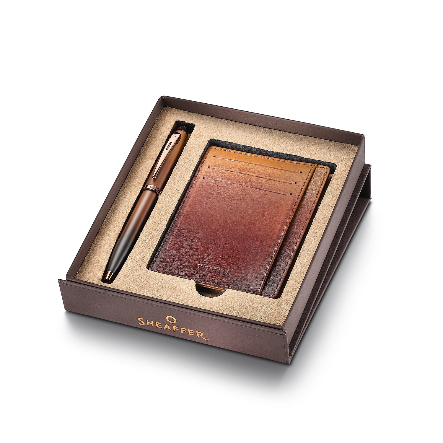 Sheaffer Gift Set ft. Coffee Edition 100 Ballpoint Pen with Regal Brown PVD Trims and Credit Card Holder.