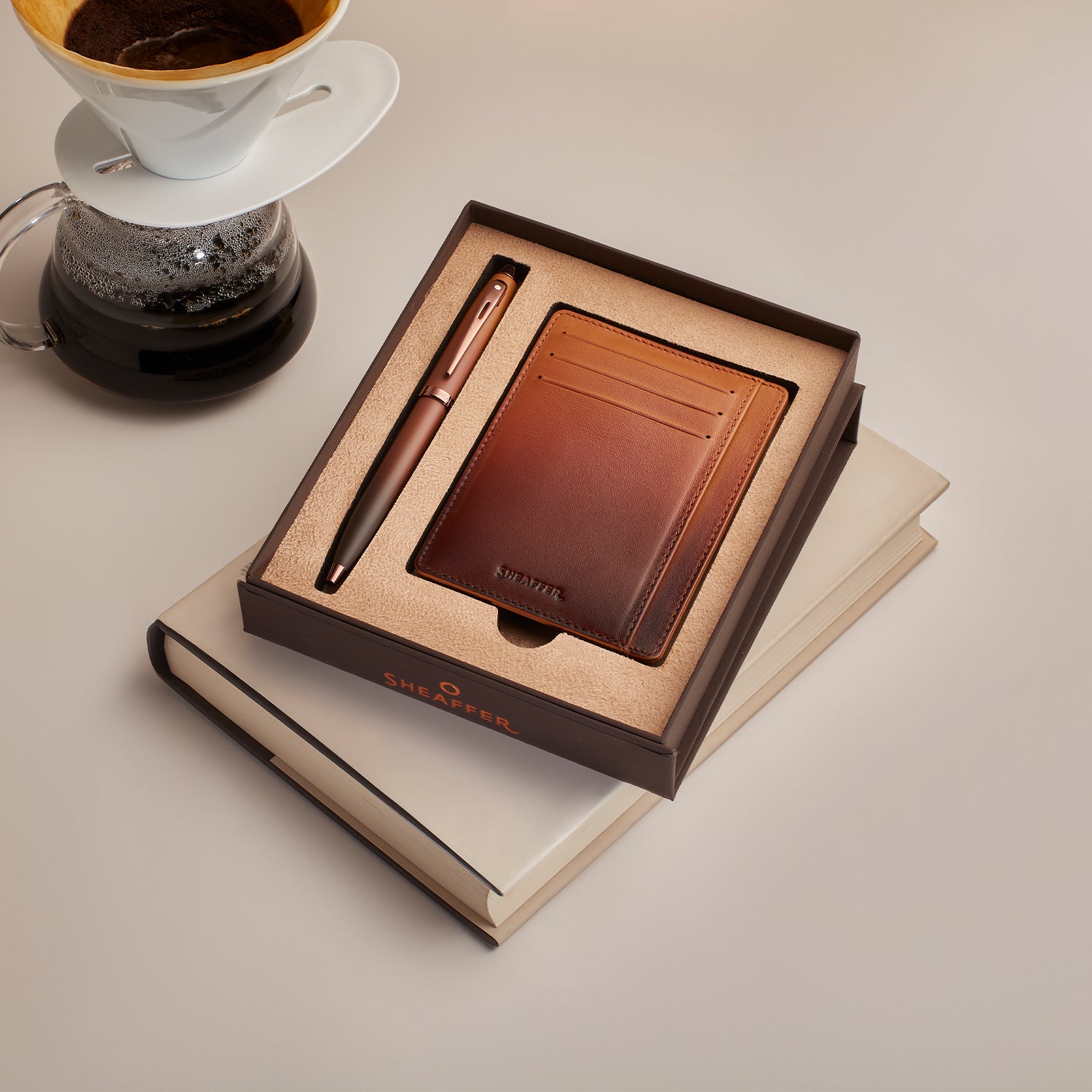 Sheaffer Gift Set ft. Coffee Edition 100 Ballpoint Pen with Regal Brown PVD Trims and Credit Card Holder.