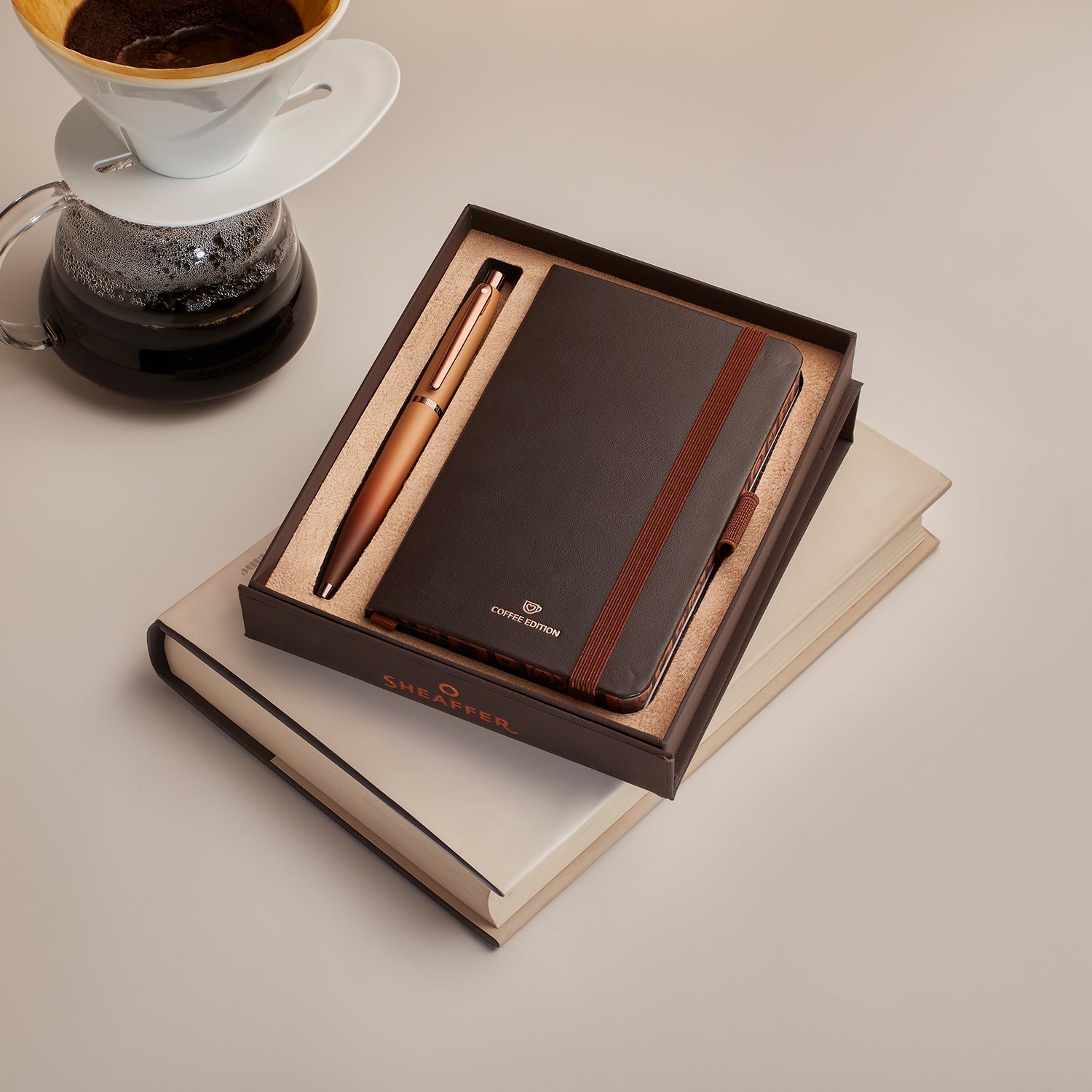 Sheaffer Gift Set ft. Coffee Edition VFM 9428 Ballpoint Pen with Regal Brown PVD Trims and Small Notebook.