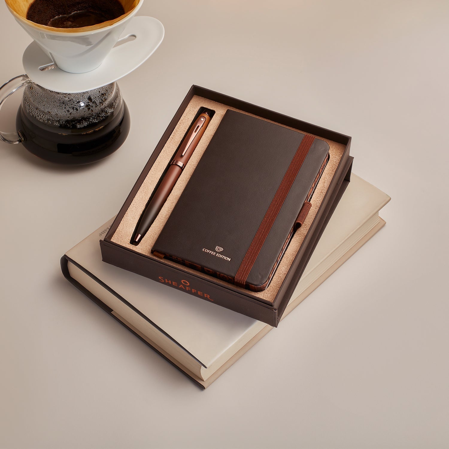 Sheaffer Gift Set ft. Coffee Edition 100 9374 Ballpoint Pen with Regal Brown PVD Trims and Small Notebook.