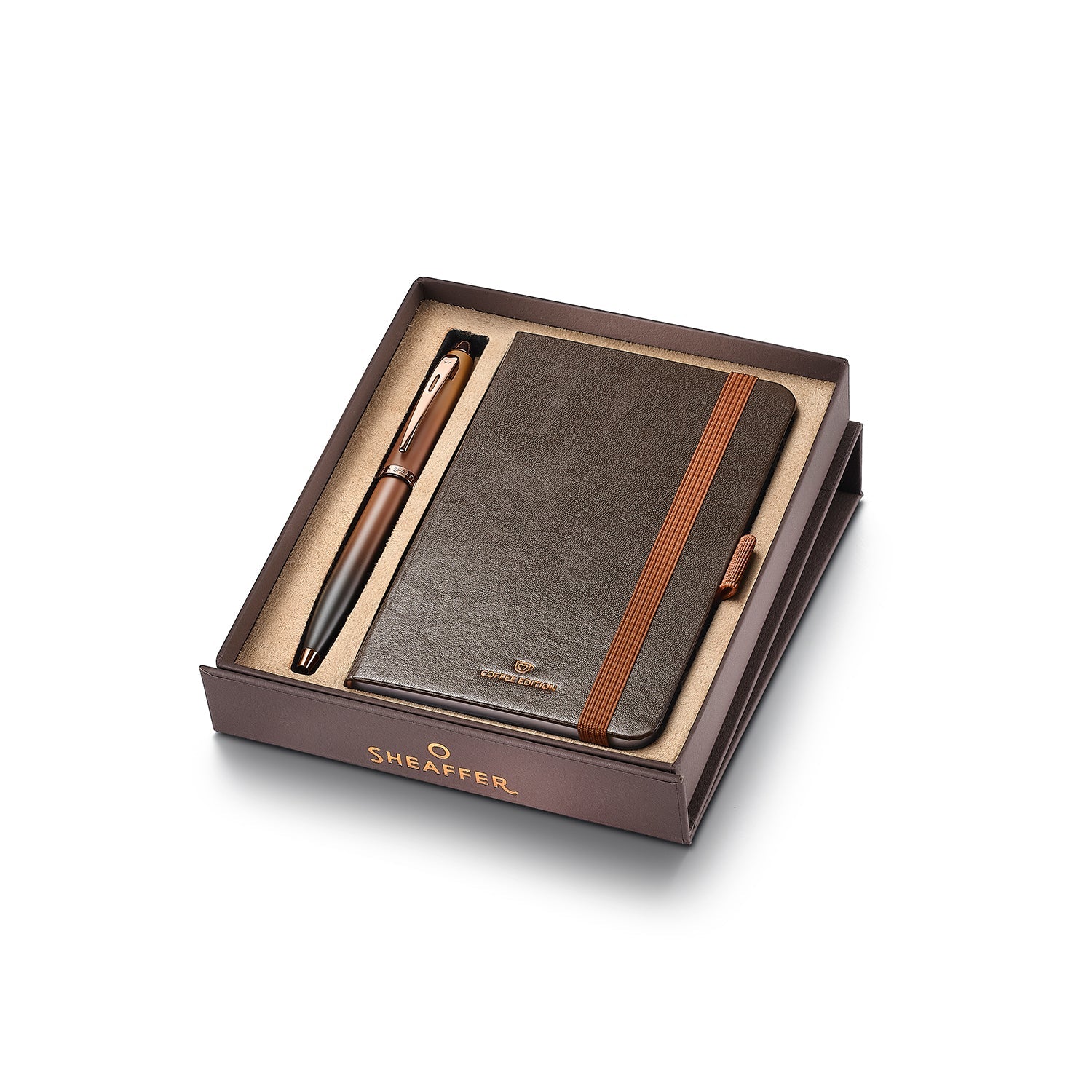 Sheaffer Gift Set ft. Coffee Edition 100 9374 Ballpoint Pen with Regal Brown PVD Trims and Small Notebook.