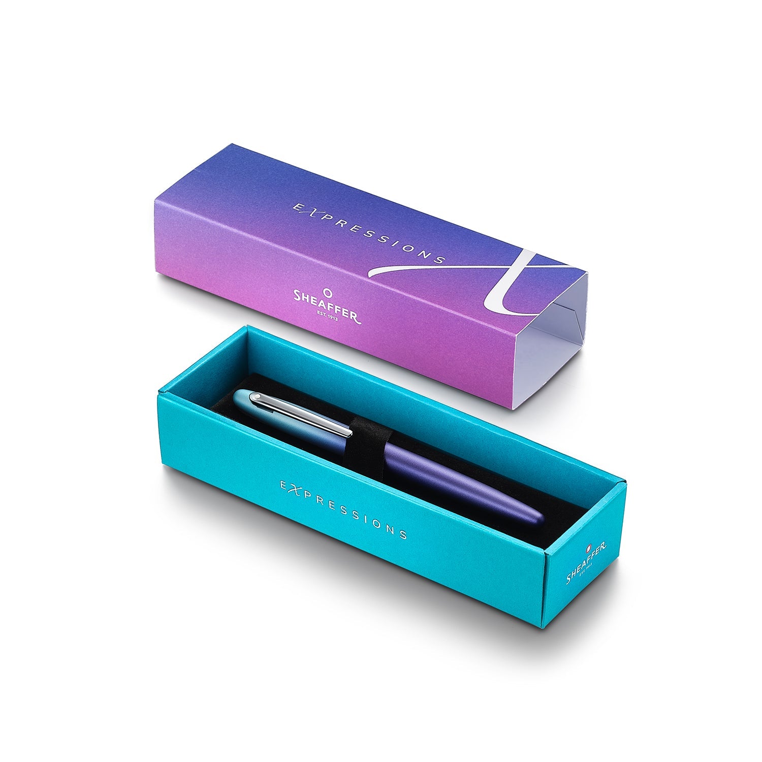Sheaffer VFM 9430 Expressions Blue and Purple Pearlised Gradient Rollerball Pen with Chrome-Plated Trims.