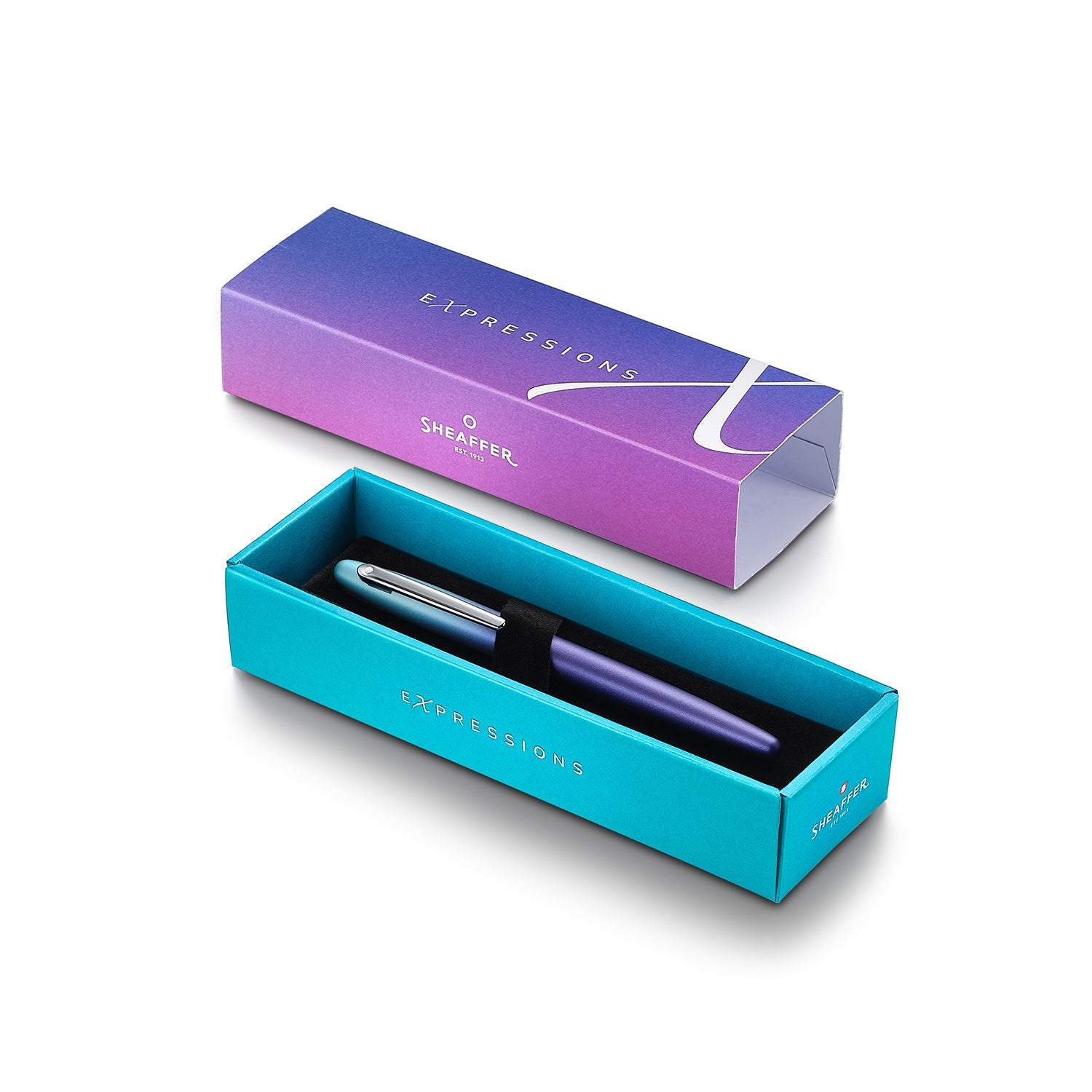 Sheaffer VFM 9430 Expressions Blue and Purple Pearlised Gradient Fountain Pen with Chrome-Plated Trims.