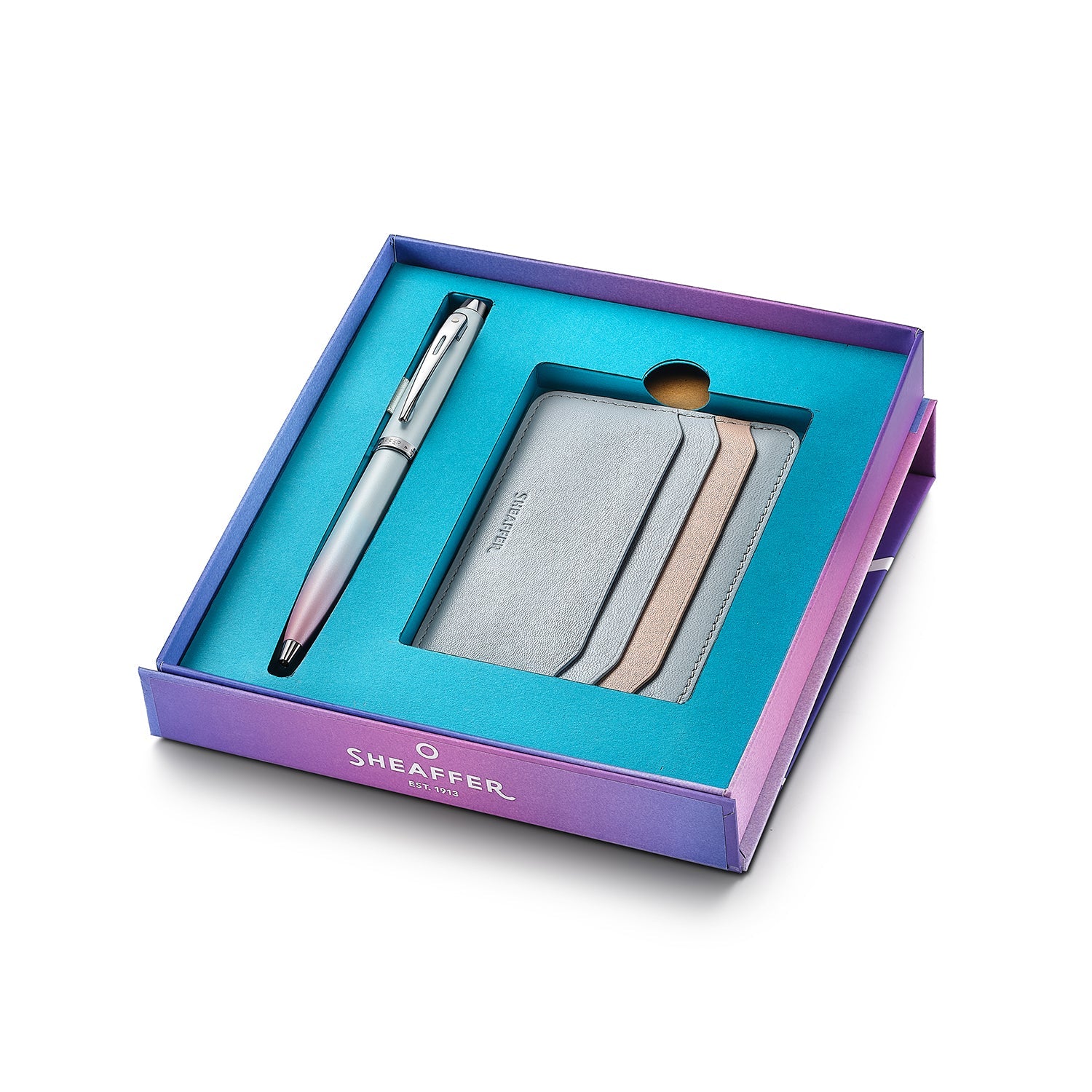 Sheaffer Gift Set ft. Expressions 100 9376 Blue and Pink Pearlised Gradient Ballpoint Pen with Chrome-plated Trims and Genuine Leather Credit Card Holder.