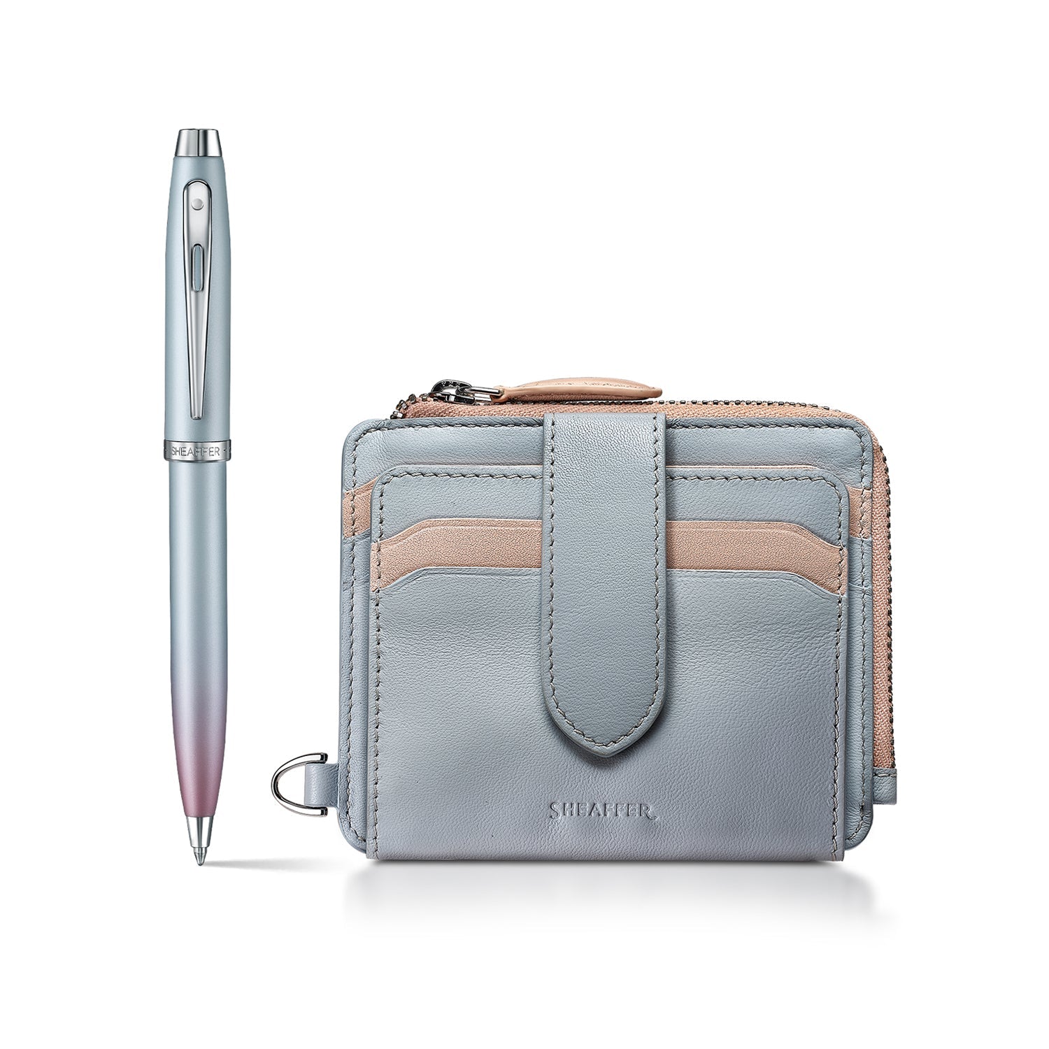 Sheaffer Gift Set ft. Expressions 100 9376 Blue and Pink Pearlised Gradient Ballpoint Pen with Chrome-plated Trims and Genuine Leather Wallet.