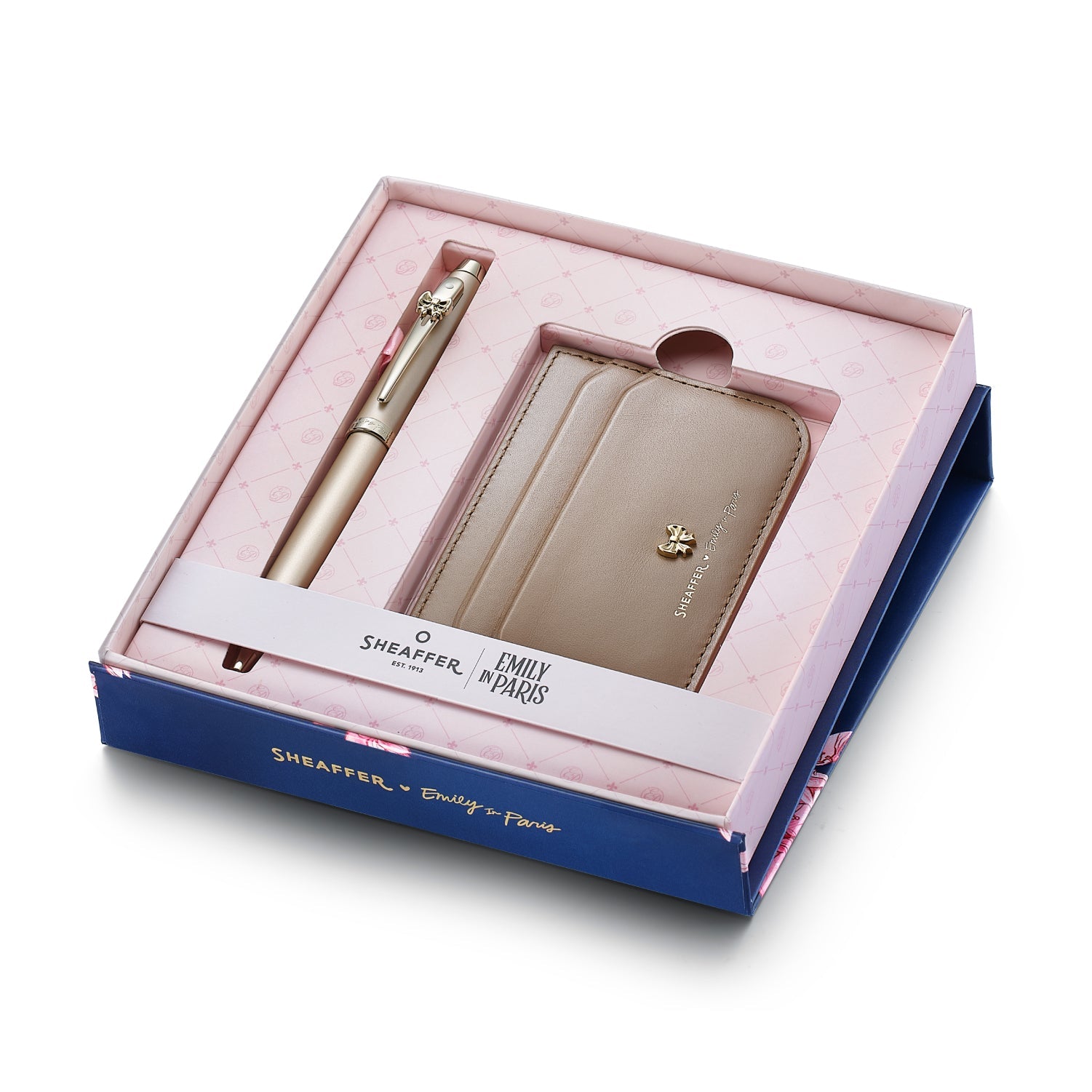 Sheaffer Gift Set ft. 100 Emily in Paris 9377 Champagne Gold Ballpoint Pen with Champagne Gold Trims and Full-Grain Credit Card Holder.